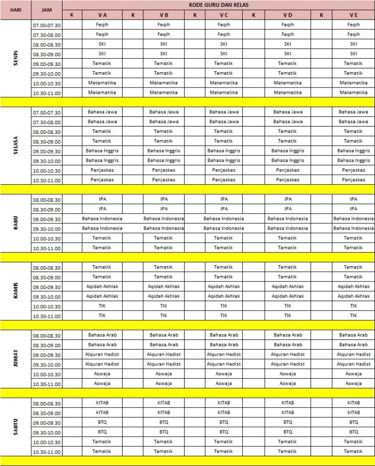 JADWAL PELAJARAN KELAS 5 TAHUN AJARAN 20212022 MI MA